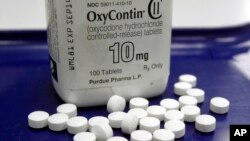 FILE - This Feb. 19, 2013, file photo shows OxyContin pills arranged for a photo at a pharmacy, in Montpelier, Vt. 
