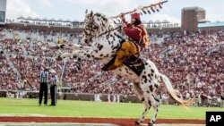 Florida State mascot Osceola riding the horse Renegade celebrates a touchdown in the second half of an NCAA college football game against Syracuse in Tallahassee, Florida, Oct. 31. 2015. Adidas announced an initiative Thursday to help high schools nationwide drop Native American mascots.