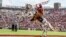 Florida State mascot Osceola riding the horse Renegade celebrates a touchdown in the second half of an NCAA college football game against Syracuse in Tallahassee, Florida, Oct. 31. 2015. Adidas announced an initiative Thursday to help high schools nationwide drop Native American mascots.