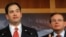 Los senadores Marco Rubio, en primer plano, y Bob Menéndez durante una rueda de prensa, en enero de 2013.