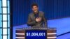 This photo provided by Jeopardy Productions Inc. shows “Jeopardy!” contestant Matt Amodio after his total win amount was announced, Sept. 24, 2021.