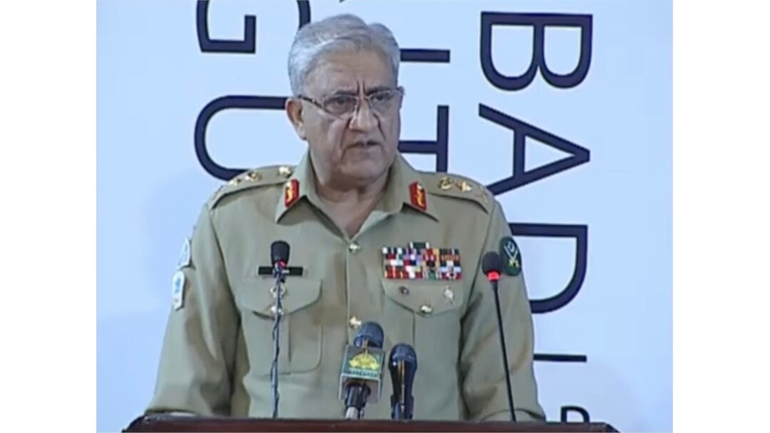 FILE - Pakistan army chief Gen. Qamar Javed Bajwa addresses the Islamabad Security Dialogue conference, March 18, 2021. (Courtesy PTV)