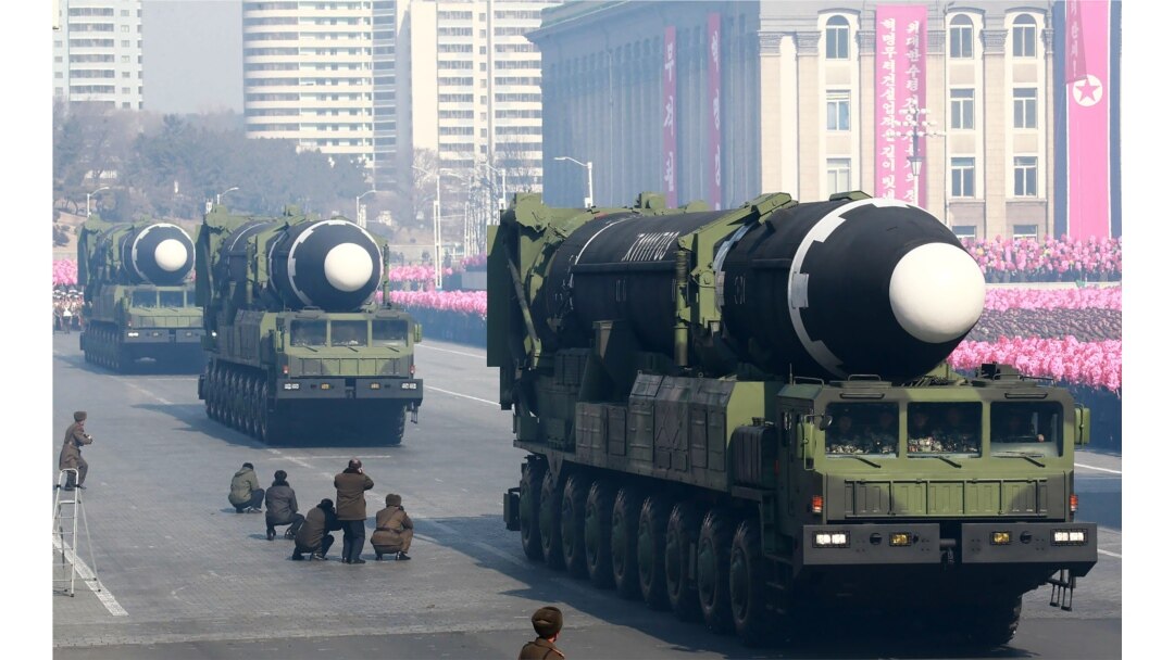 FILE - This photo taken Feb. 8, 2018, and released Feb. 9, 2018, by North Korea's official Korean Central News Agency shows Hwasong-15 ballistic missile during the military parade in Pyongyang, North Korea.