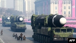 FILE - This photo taken Feb. 8, 2018, and released on Feb. 9, 2018, by North Korea's official Korean Central News Agency (KCNA) shows Hwasong-15 ballistic missile during the military parade in Pyongyang, North Korea.