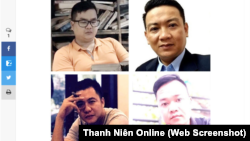 Trong bức ảnh do Công an cung cấp chụp qua màn hình của Thanh Niên Online là (từ trái qua, từ trên xuống) các nhà báo Trương Châu Hữu Danh, Nguyễn Thanh Nhã, Nguyễn Phước Trung Bảo và Đoàn Kiên Giang, hiện đang đối mặt với cáo buộc mới, tội "cố ý làm lộ bí mật nhà nước."