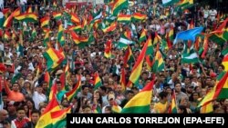 Bolivians celebrate the resignation of President Evo Morales, in La Paz, Bolivia, 10 November 2019.