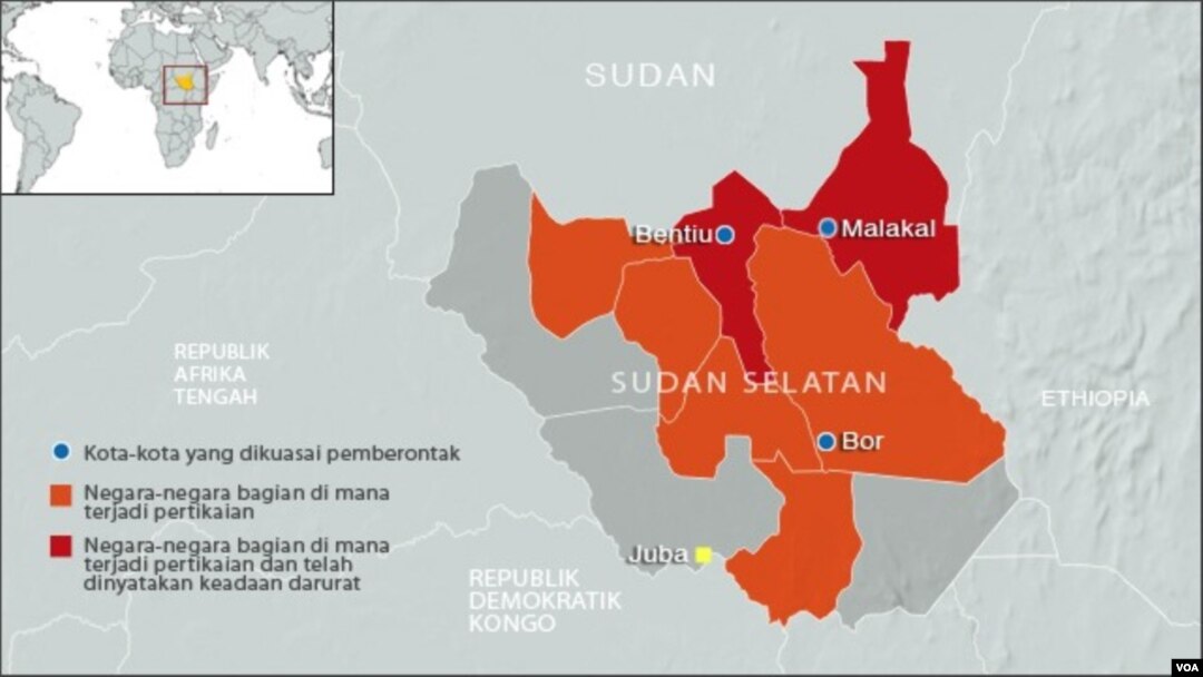 Peta wilayah Sudan Selatan dan daerah-daerah di mana terjadi bentrokan antara pasukan pemerintah dan pemberontak. 