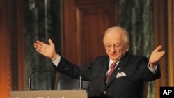 FILE - Benjamin Ferencz, Romanian-born American lawyer and chief prosecutor of the Nuremberg war crimes trials, speaks during an opening ceremony for the exhibition commemorating the Nuremberg war crimes trials in Nuremberg, Germany, Nov. 21, 2010. 