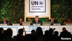 Siim Kiisler, Minister of Environment of Estonia and President of the UN Environment Assembly, flanked by other leaders addresses delegates at the UNEA within Gigiri in Nairobi, Kenya, March 11, 2019.