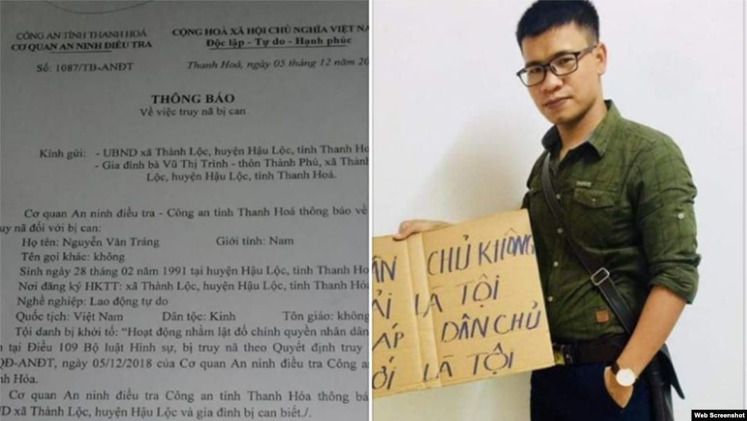 Nhà hoạt động Nguyễn Văn Tráng và quyết định truy nã của Công an Thanh Hóa.