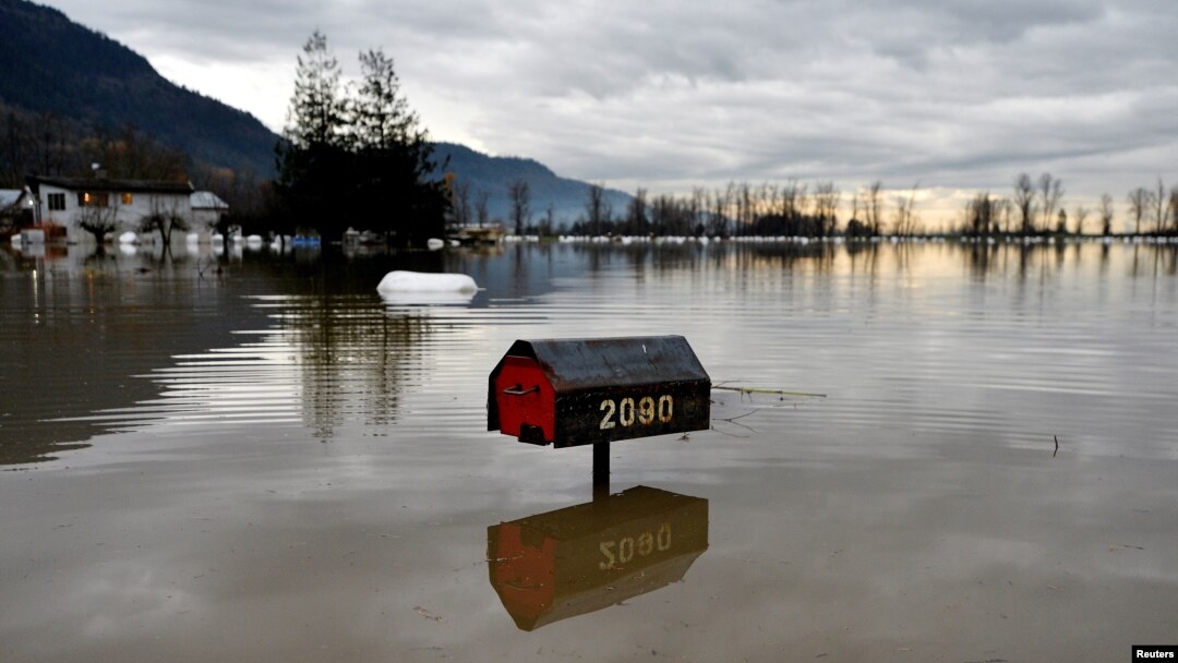 Flood water is seen a week after rainstorms lashed the western Canadian province of British Columbia, triggering landslides and floods, and shutting highways, in Abbottsford, British Columbia, Canada, Nov. 22, 2021.