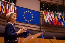 European Commission President Ursula von der Leyen addresses European lawmakers during a plenary session at the European Parliament in Brussels, Dec 16, 2020.