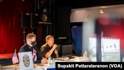 Los Angeles Police Deputy Chief, Blake Chow (Right) and Captain III, Brent McGuyre (Left) of the Hollywood Police Division participate in the Thai Business Safety meeting at Thailand Plaza, Thai Town, Hollywood, Los Ang