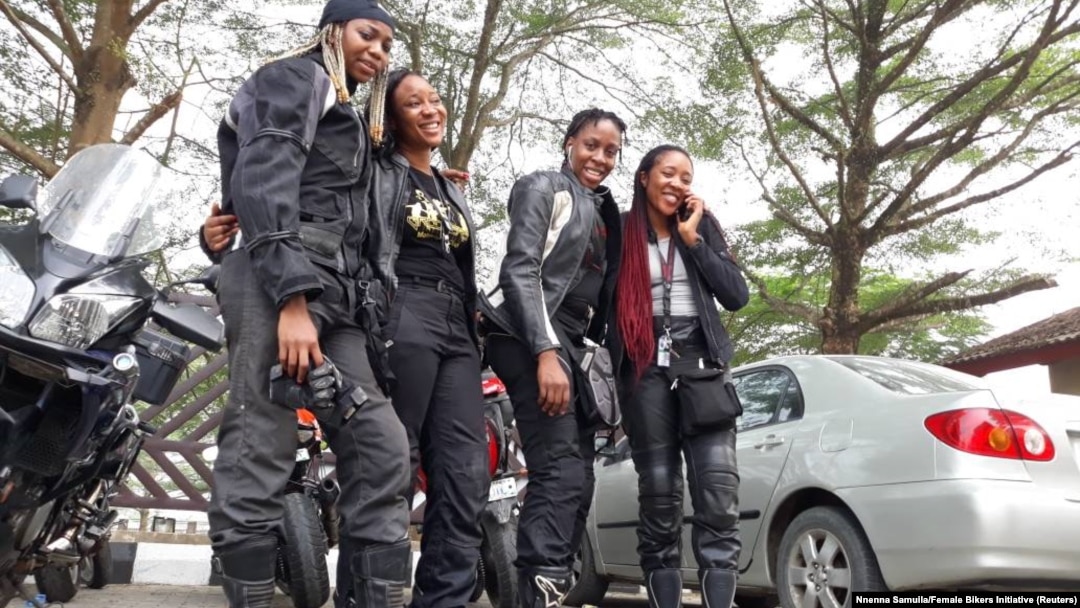 Kelly Jumbo, Jeminat Olumegbon, Kene Okafor, Jo Isiorho; members of the Female Bikers Initiative (FBI), during an awareness ride in Lagos, Nigeria, in 2017. 