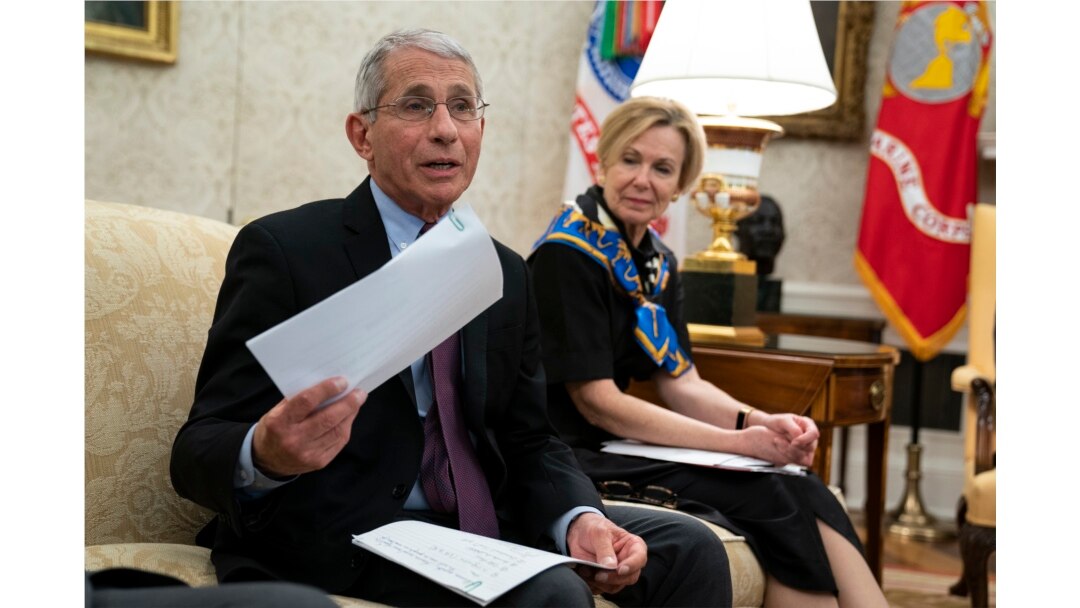 White House coronavirus response coordinator Dr. Deborah Birx listens as Director of the National Institute of Allergy and Infectious Diseases Dr. Anthony Fauci, left, speaks at the White House, April 29, 2020, in Washington.