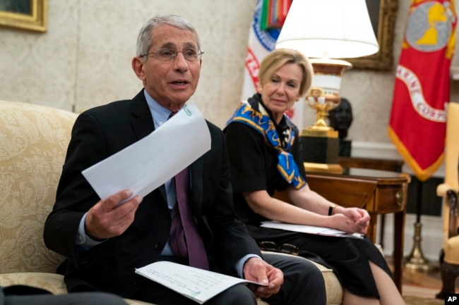 White House coronavirus response coordinator Dr. Deborah Birx listens as Director of the National Institute of Allergy and Infectious Diseases Dr. Anthony Fauci, left, speaks at the White House, April 29, 2020, in Washington.