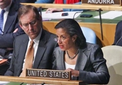 US UN Ambassador Susan Rice speaks in the UN General Assembly at UN headquarters in New York after a vote to suspend Libya from the UN Human Rights Council, March 1, 2011