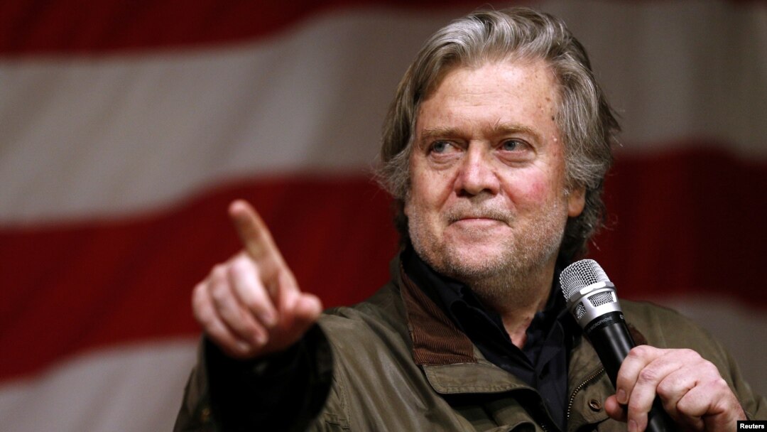 FILE - Former White House Chief Strategist Steve Bannon speaks during a campaign event for Republican candidate for U.S. Senate Judge Roy Moore in Fairhope, Alabama, Dec. 5, 2017. 