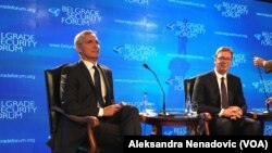 Generalni sekretar NATO Jens Stoltenberg i predsednik Srbije Aleksandar Vučić na skupu Beogradskog bezbednosnog foruma 