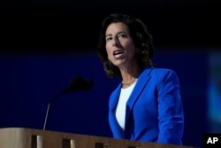 This file photo shows Gina Raimondo, U.S. Secretary of Commerce, speaking during the Democratic National Convention on Aug. 19, 2024, in Chicago. (AP Photo/Paul Sancya, File)