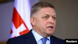 FILE - Slovakia's Prime Minister Robert Fico speaks during a press conference with German Chancellor Olaf Scholz in Berlin, Jan. 24, 2024.
