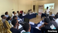 Kirubel Tesfaye, a fact-checker at HaqCheck, leads a training session for journalists and university students in Dire Dawa, Ethiopia, in 2024. (Photo courtesy of HaqCheck)
