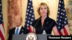 La embajadora de EE.UU. ante las Naciones Unidas, Kelly Craft, durante una conferencia de prensa. 