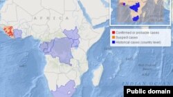 Ramani ya Afrika ikioonesha maeneo ambayo watu wana ambukizwa na virusi vya Ebola kutoka wanyama pori