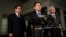 South Korea's National Security Office head Chung Eui-yong, center, Cho Yoon-je, the South Korean Ambassador to the U.S., right, and National Intelligence Service chief Suh Hoon, left, make an announcement about North Korea and the Trump administration outside of the West Wing at the White House in Washington, March 8, 2018.