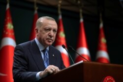 Turkish President Recep Tayyip Erdogan gives a statement after a cabinet meeting in Ankara, Turkey, May 17, 2021. (Murat Cetinmuhurdar/PPO/Handout)