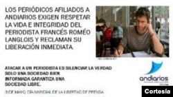 Periodicos colombianos publicaron un anuncio pidiendo la libertad del reportero francés Roméo Langlois. [Foto: Andiarios]