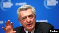 FILE - United Nations High Commissioner for Refugees Filippo Grandi gestures as he speaks during a news conference after the First Global Refugee Forum in Geneva, Dec. 17, 2019. 