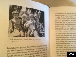 A photo of young Frido Mann, left, with his grandparents Katia and Thomas Mann and his younger brother in the 1940s in California is featured in Frido Mann’s book The White House of Exile. (Natalie Liu/VOA)