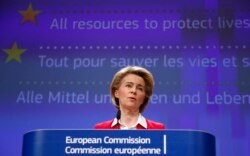 FILE - European Commission President Ursula von der Leyen speaks during a media conference, detailing EU efforts to limit the economic impact of the Covid-19 outbreak, at EU headquarters in Brussels, April 2, 2020.