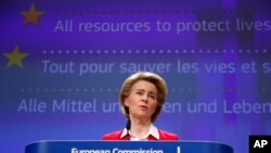 European Commission President Ursula von der Leyen speaks during a media conference, detailing EU efforts to limit the economic impact of the Covid-19 outbreak, at EU headquarters in Brussels, April 2, 2020.