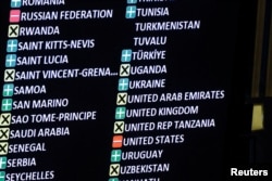 Vote results are displayed during the Eleventh Emergency Special Session draft resolution meeting in the United Nations General Assembly on the 3rd anniversary of the Russian invasion of Ukraine, at the U.N. headquarters in New York, Feb. 24, 2025.