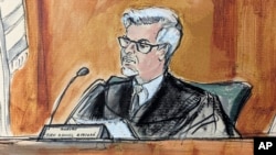 FILE - In this artist's depiction, Judge Juan Merchan presides over former President Donald Trump's trial in Manhattan criminal court, April 23, 2024, in New York. Trump's lawyers have asked Merchan to postpone sentencing in his hush money case until after the Nov. 5 election.