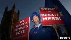 An anti-Brexit demonstrator hold placards opposite the Houses of Parliament, in London, Britain, Nov. 13, 2018.