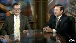 Opposition leaders Sam Rainsy and Kem Sokha in VOA Studio In Washington, DC.