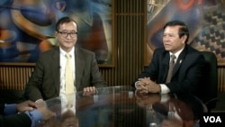 Opposition leaders Sam Rainsy and Kem Sokha in VOA Studio In Washington, DC.