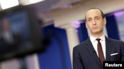 Senior White House Advisor Stephen Miller waits to go on the air in the White House Briefing Room in Washington, Feb. 12, 2017. 