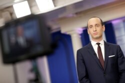 FILE - Senior White House Advisor Stephen Miller waits to go on the air in the White House Briefing Room in Washington, Feb. 12, 2017.