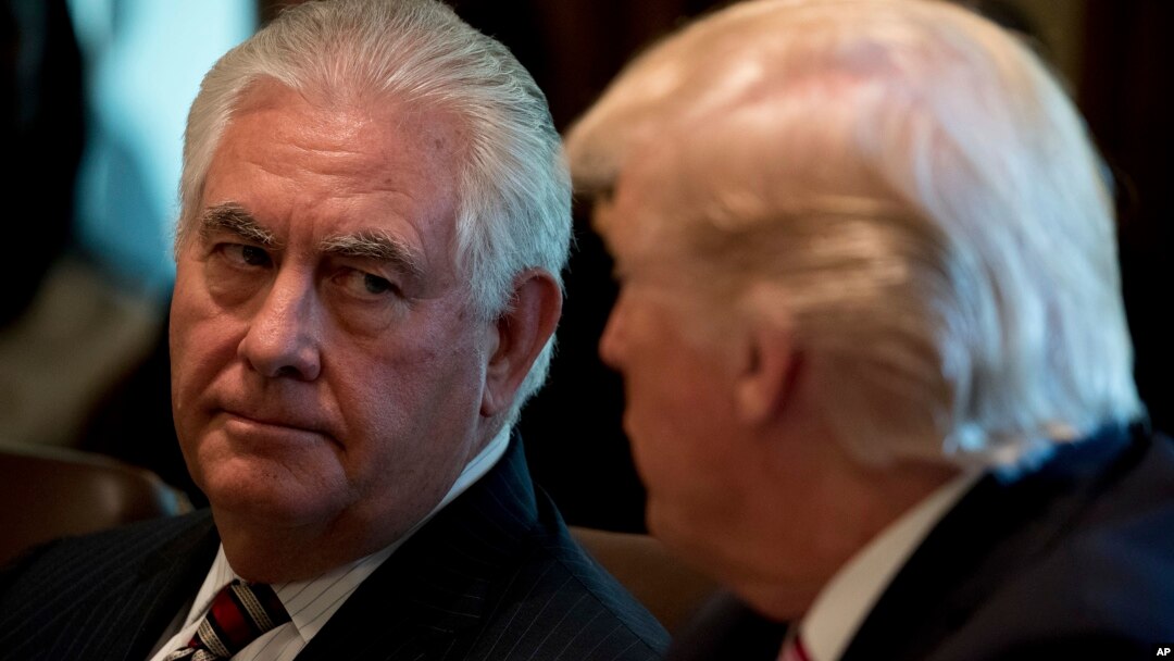 Menlu AS Rex Tillerson (kiri) mendengarkan, sementara Presiden AS Donald Trump memberikan arahan dalam rapat kabinet di Gedung Putih (foto: dok). 