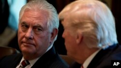 Menlu AS Rex Tillerson (kiri) mendengarkan, sementara Presiden AS Donald Trump memberikan arahan dalam rapat kabinet di Gedung Putih (foto: dok). 