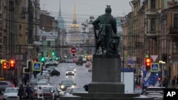 FILE - A sculpture of Russian playwright Alexander Griboyedov is pictured in St. Petersburg, Nov. 26, 2024. Russia is facing a demographic crisis as its population shrinks and losses continue on the battlefield in Ukraine.