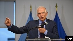 High Representaitve of the European Union for Foreign Affairs and Security Policy Josep Borrell speaks during a press conference following the EU Foreign Ministers meeting at the European Union Delegation headquarters ahead of the 79th session of the Unit