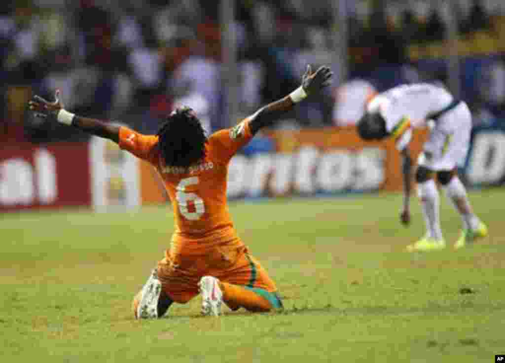 Ivory Coast's Gosso Jean-Jacques Gosso celebrates after they won during their African Nations Cup semi-final soccer match against Mali at the Stade De L'Amitie Stadium in Gabon's capital Libreville February 8, 2012.