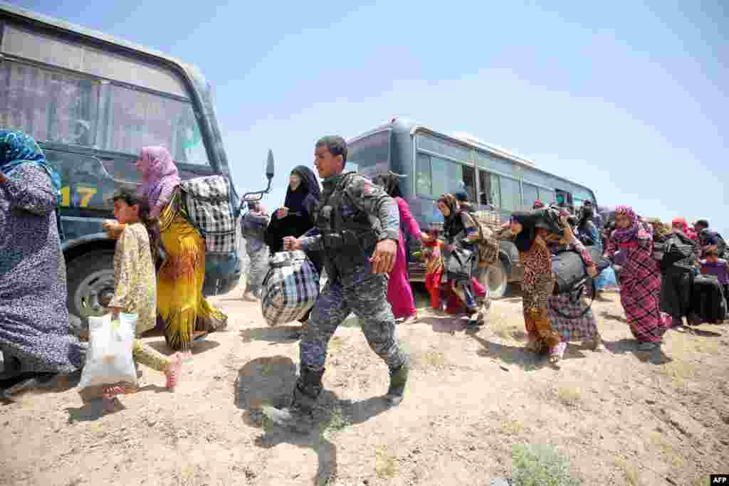 Tentara Irak membantu keluarga-keluarga dekat desa al-Sejar di provinsi Anbar yang melarikan diri dari Fallujah (27/5), di tengah operasi besar untuk merebut kota itu dari tangan Negara Islam (ISIS).&nbsp;(AFP/Ahmad al-Rubaye)