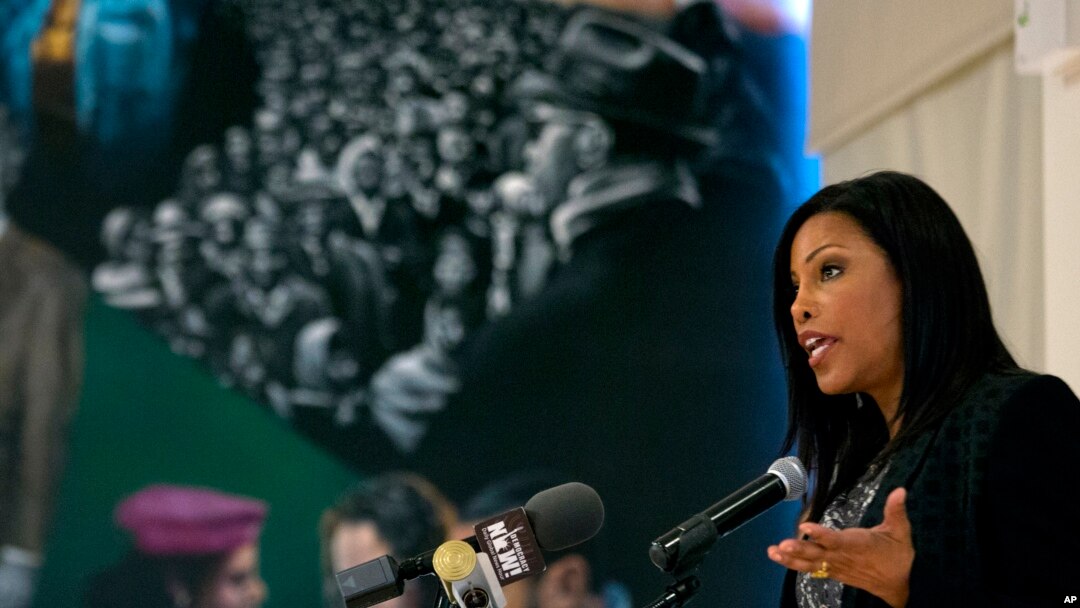 Ilyasah Shabazz, daughter of Malcolm X, speaks at a New York gathering about her father and family on the anniversary of his death, Feb. 21, 2015.