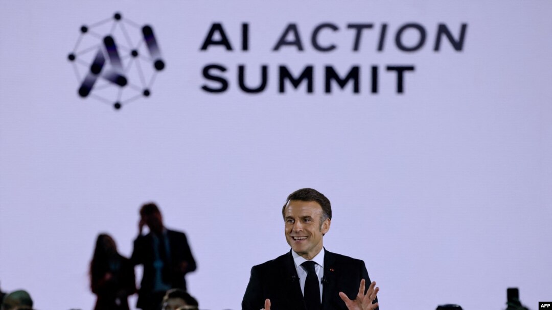 France's President Emmanuel Macron delivers a speech during a closing event for the first day of the Artificial Intelligence (AI) Action Summit, at the Grand Palais, in Paris, on February 10, 2025. (Photo by Ludovic MARIN / AFP)